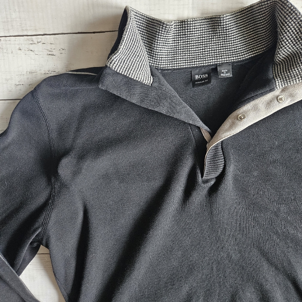 Boss Hugo Boss Quarter Button Black Sweater Size Large Regular Fit Piped Sleeve